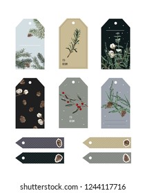 Christmas tags cute collection. Labels with watercolor branches and red berries. Vector illustration. 