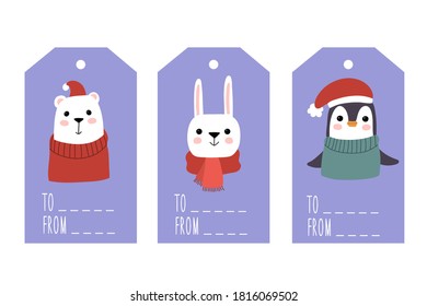 Christmas tags cute collection. Labels with bear, rabbit, penguin. Vector hand drawn illustation.