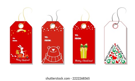 Christmas tags cute collection. Labels with christmas tree, bear, rabbit and snowman. Vector illustration