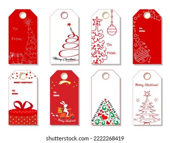 Christmas tags cute collection. Labels with christmas tree, bear, rabbit and snowman. Vector illustration