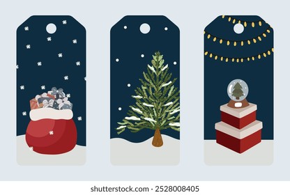 Christmas tags cute collection. Labels with gift bag, Christmas tree and snow globe. 