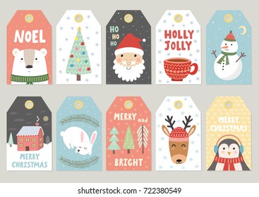 Christmas tags cute collection. Labels with Santa, bear, rabbit, deer, penguin and snowman. Vector illustration