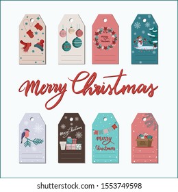 Christmas tags cute collection set of labels with vector image in vintage pastel colors. Christmas wreath, hat and scarf, christmas presents box, christmas tree toys and cute snowman.
