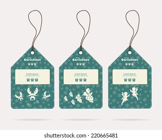 Christmas tags with deer, angel, vector, illustration