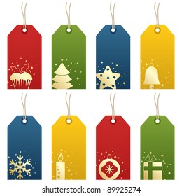 christmas tags with festive decorations isolated on white