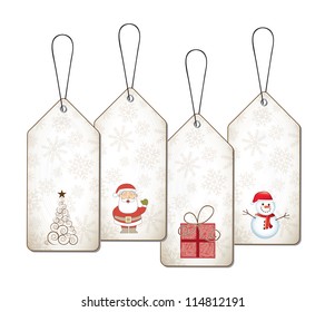 Christmas tags with gifts, tree, Santa Claus and snowmen vector illustration