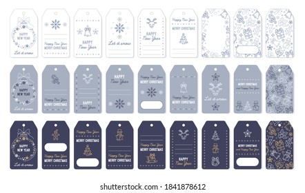 Christmas tags and labels for new year gifts. Vector set of cards for printing in blue colors with linear icons.