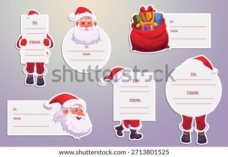 Christmas tags, labels and notes with Santa Claus and gifts for winter holiday, cartoon vector. Christmas tags for greetings and wishes note labels from and to for New Year gifts and Santa presents