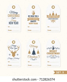 Christmas tags and labels set elements vector gold color with christmas tree, ball, candy, deer, snowflake, gift on holiday background. Christmas emblem. Happy New Year.