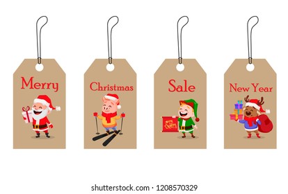 Christmas tags for sale with Santa Claus, pig, elf and deer. Vector illustration.