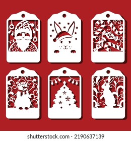 Christmas tags. Santa, Rabbit, christmas tree, snowman vector illustration.