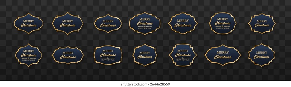 Christmas Tags set. Blue-golden scrolls and banners isolated. Tape banner for advertising promotion, sale text, heading, title decoration, badge, emblem, frame.