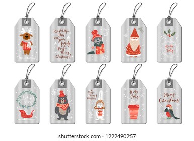 Christmas tags set cute doodle animals hand drawn style. Vector illustration.