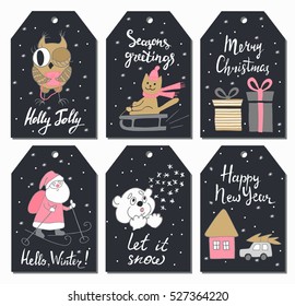 Christmas tags set with cute owl, cat sledding, gifts, Santa Claus, teddy bear, house, and car. Hand drawn style. Vector illustration