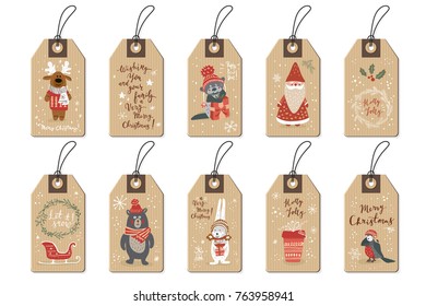 Christmas tags set, doodle hand drawn style. Vector illustration.