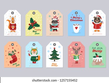 Christmas tags set with forest animals and items. Vector illustration for your design