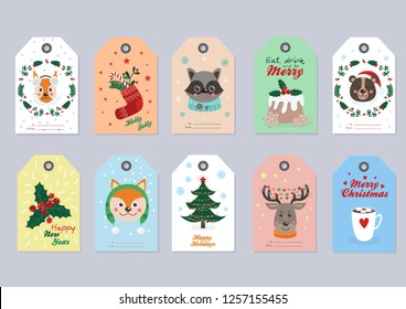 Christmas tags set with forest animals and items. Vector illustration for your design