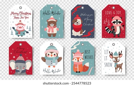 Christmas tags. Set of gift tags with cute animals. Happy celebrate xmas label. Winter animals