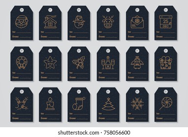 Christmas tags set gold color style with santa, snowman, wreath, deer, calender, gift, champagne, star, snowflake, tree, candy, for decoration holiday party, sale stickers, emblem. Vector Illustration