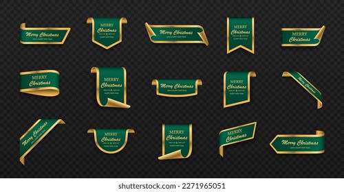 Christmas Tags set. Green-golden scrolls and banners isolated.