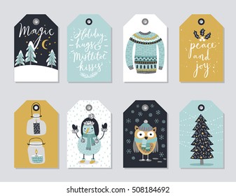 Christmas tags set, hand drawn style. Vector illustration.