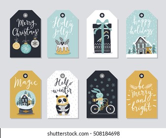 Christmas tags set, hand drawn style. Vector illustration.