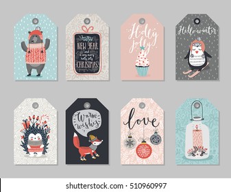 Christmas tags set, hand drawn style. Vector illustration.