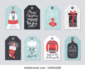Christmas tags set, hand drawn style. Vector illustration.