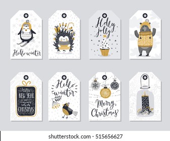 Christmas tags set, hand drawn style. Vector illustration.