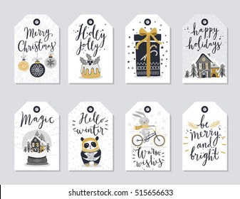 Christmas tags set, hand drawn style. Vector illustration.