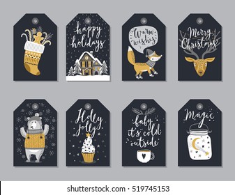 Christmas tags set, hand drawn style. Vector illustration.