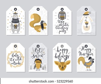 Christmas tags set, hand drawn style. Vector illustration.