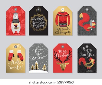 Christmas tags set, hand drawn style. Vector illustration.