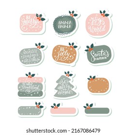 Christmas tags set with holiday quotes. Be jolly. Be merry. Winter seasons greetings. Most wonderful time of the year. Hand lettering colorful stickers set