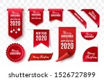 Christmas Tags set. Red scrolls and banners isolated. Merry Christmas and Happy New Year labels. Vector illustration