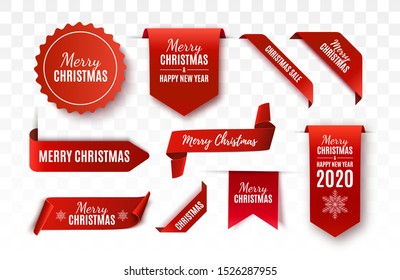 Christmas Tags set. Red scrolls and banners isolated. Merry Christmas and Happy New Year labels. Vector illustration