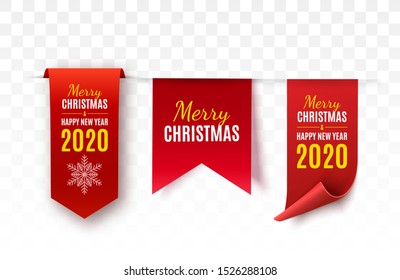 Christmas Tags set. Red scrolls and banners isolated. Merry Christmas and Happy New Year labels. Vector illustration