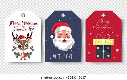 Christmas tags set with winter characters and elements. Happy celebrate xmas label, decorative elements. 