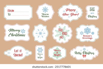 Christmas tags sheet printable. Cute winter labels with season greetings and wishes like merry Christmas and Happy new year. Great for gift tags, greeting labels, Xmas cards.