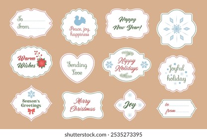 Christmas tags sheet printable holiday label set. Cute winter tag designs with season greetings and wishes. Merry Christmas and Happy new year text. Vintage shapes for gift card, sticker, badge.