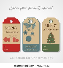 Christmas Tags, stickers, badges, labels or banner for your gift box on grey background. Vector illustration for Holiday Collection.