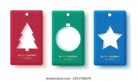 Diseño de conjuntos vectoriales de etiquetas de Navidad. Feliz Navidad y feliz texto de bienvenida de año nuevo con elementos cortados en forma de árbol de pino, bola y estrella navideña. Ilustración vectorial, etiqueta y etiqueta de colección.
