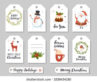 Christmas tags with wearth, Santa, snowman and deer. Vector winter labels collection.