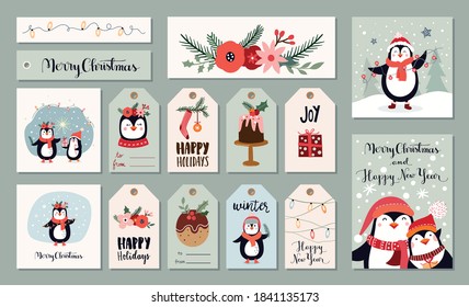 Christmas tags/labels/greeting cards with cute penguins and winter seasonal elements