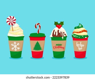 Christmas take away coffee st - Santa colored takeaway coffee cup. Coffee or tea mug decorated Santa Claus costume with belt, snowflake, holly illustration. Vector xmas winter set design. Coffee to go