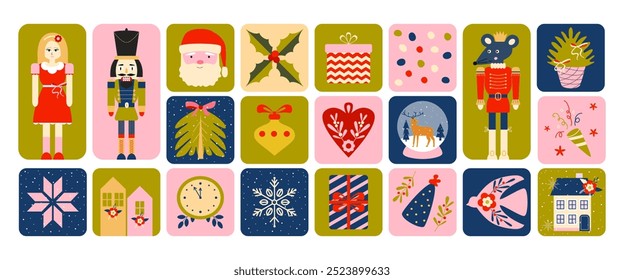 Christmas tale stickers, patches, tags, tiles, mosaic. Doodles. Modern vintage Christmas. New year. Nutcracker, King Mouse. Winter holidays. Scandinavian style. 