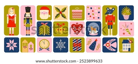 Christmas tale stickers, patches, tags, tiles, mosaic. Doodles. Modern vintage Christmas. New year. Nutcracker, King Mouse. Winter holidays. Scandinavian style. 