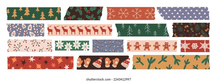 Christmas tapes set. Scotch stripes with winter holiday patterns. Xmas masking duct strips, adhesive ribbons with snowflakes, gingerbread print. Flat vector illustrations isolated on white background