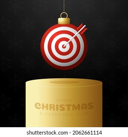 Christmas Target Dash bauble pedestal. Merry Christmas sport greeting card. Hang on a thread Target Dash as a xmas ball on golden podium on black background. Sport Vector illustration.