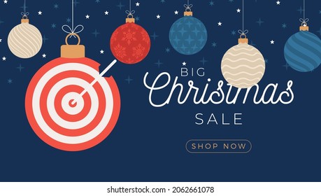 Christmas Target Dash sale card. Merry Christmas sport greeting card. Hang on a thread Target Dash as a xmas ball and bauble on horizontal background. Sport Vector illustration.